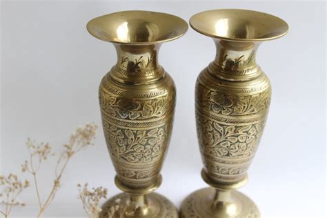 Sale Vintage Indian Brass Vase Pair India Floral Bohemian