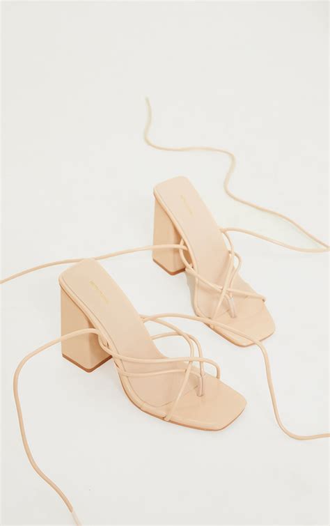 Nude Pu Toe Lace Up Chunky Block Heeled Sandals Prettylittlething