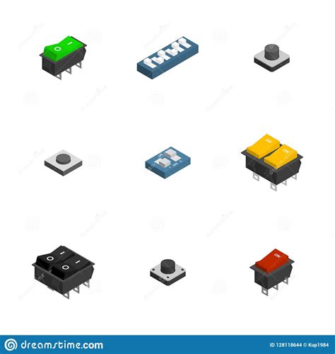 Set Of Different Electrical Buttons And Switches In 3d Vector