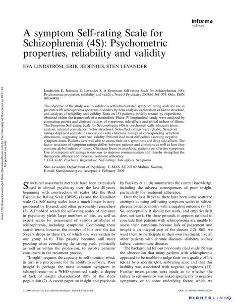 PDF A Symptom Self Rating Scale For Schizophrenia 4S Psychometric