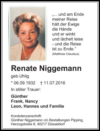 Alle Traueranzeigen F R Renate Niggemann Trauer Rp Online De