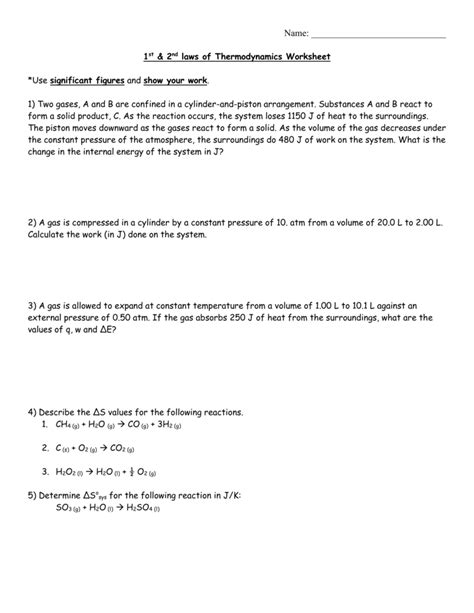 1st Law Of Thermodynamics Worksheet Worksheets Library