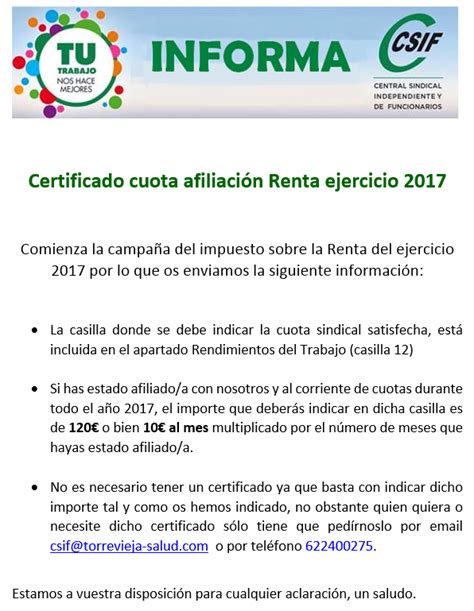 Csif Torrevieja Salud Certificado Cuota Afiliación Renta Ejercicio 2017