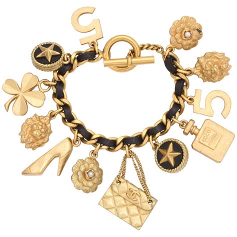 Vintage Chanel Iconic Charm Bracelet With Black Leathergold Chain At