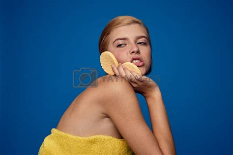 Woman With Clean Skin Nude Shoulders Emotions Blue Background Model Face Care By SHOTPRIME