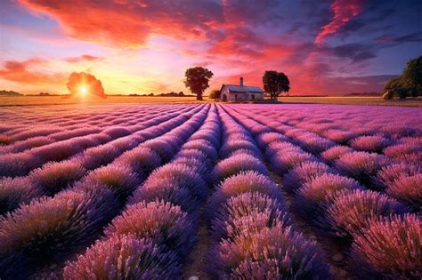 Premium Photo Stunning Landscape With Lavender Field At Sunset