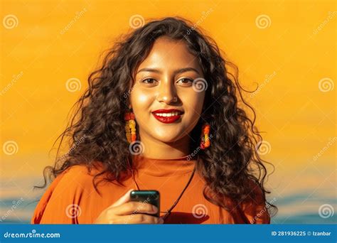 Isolated On Orange Background Holding A Smartphone Smiling Latina Hispanic Beautiful Girl