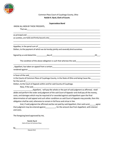 Cuyahoga County Ohio Supersedeas Bond Fill Out Sign Online And