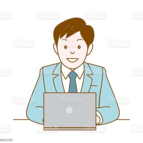 A Suit Man Who Operates A Personal Computer With A Smile Vector