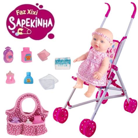 Kit Boneca Sapekinha Faz Xixi Bolsa Carrinho Bebe Milk Brinquedo