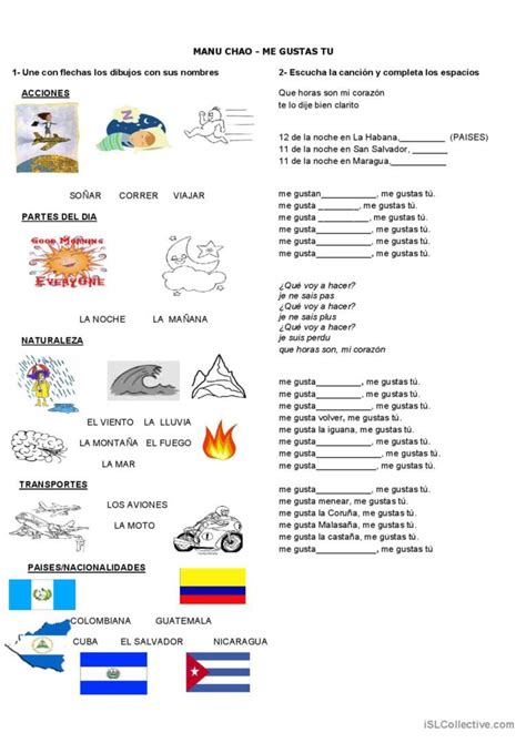 Manu Chao- Me gustas tu: Español ELE hojas de trabajo pdf & doc