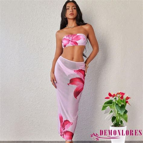 Demonlores Women Bikini Set Floral Print Floral Printed Tube Tops With Cover Up With Skirt 3