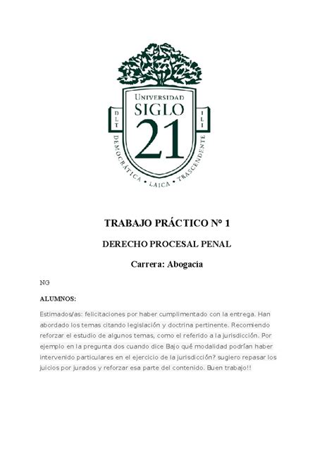 NG TP1 Derecho Procesal Penal nota 9 TRABAJO PRÁCTICO N 1 DERECHO