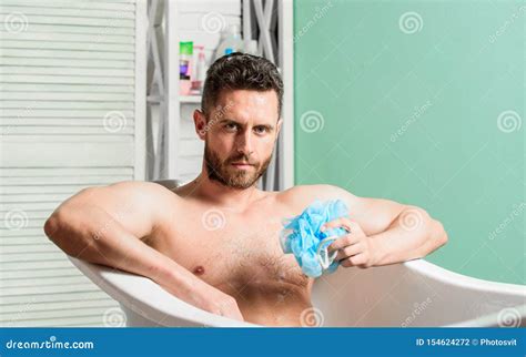 Man Wash Muscular Body With Foam Sponge Macho Attractive Nude Guy Man