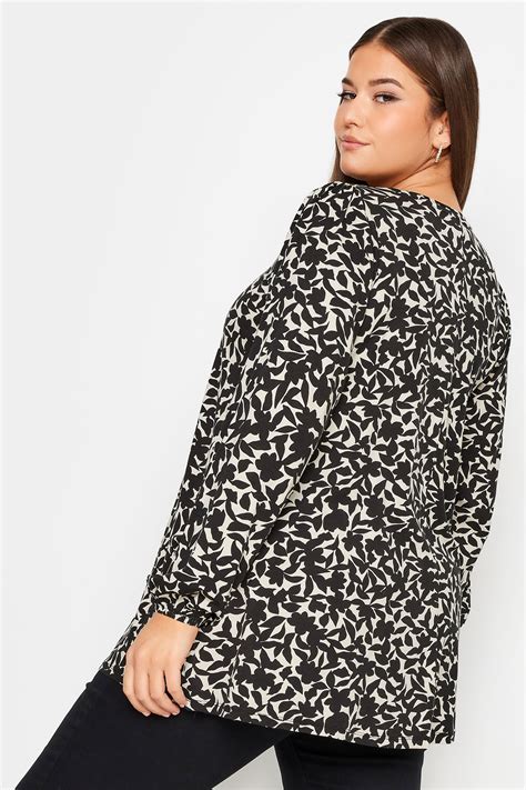 Yours Plus Size Black White Floral Print Long Sleeve Swing Top