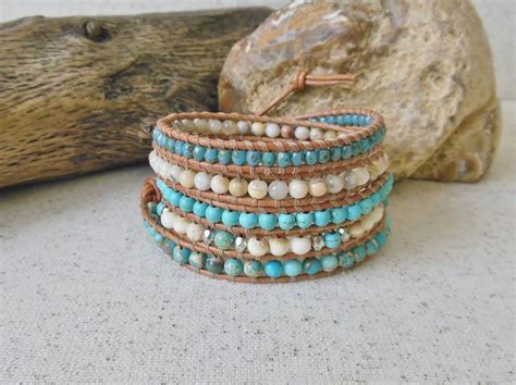 Turquoise Beaded Leather Wrap Bracelet Boho 5 Wrap Bracelet