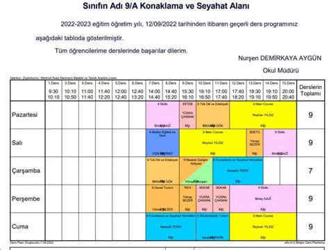 9 VE 10 SINIF DERS PROGRAMLARI Zeytinburnu M İhsan Mermerci