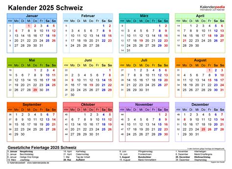 Zeitrechnung Schweiz 2025 Mit Feiertagen Schönherr Kalender 2025