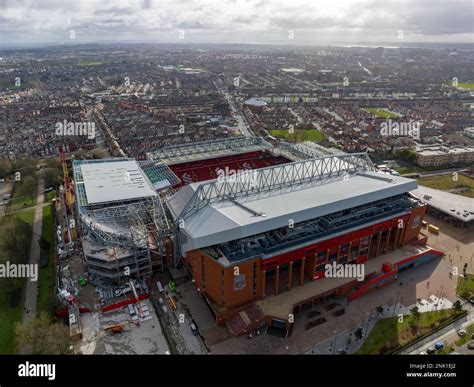 Aerial Drone Of The Fantastic Home Of Liverpool Football Club Anfield