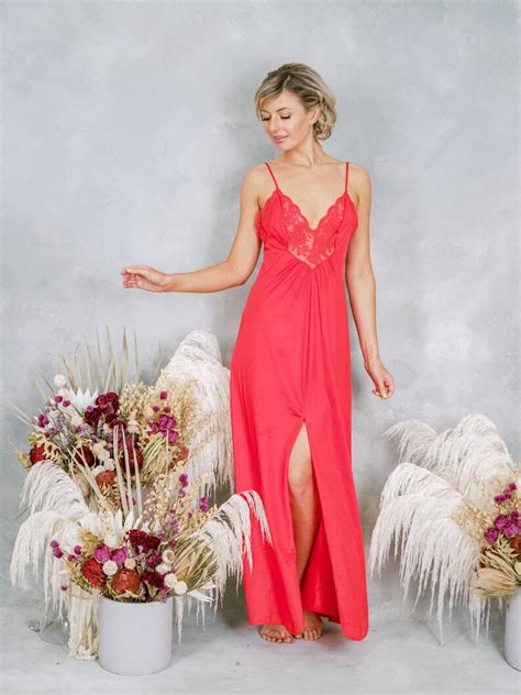 Vintage 70s Red Lace Slip Dress Nightgown Boudoir Lingerie Etsy