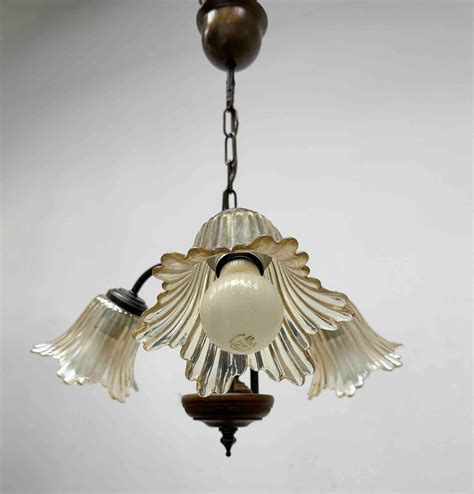 Gorgeous German Tole Wood Metal Glas Shade Three Light Chandelier