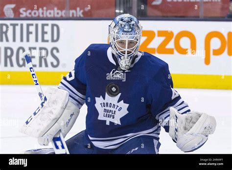 Toronto Maple Leafs Goaltender Jonathan Bernier Makes A Save Against