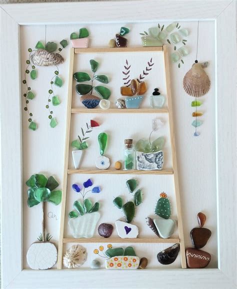 Marine glass plants sea glass art and pebbles greenhouse unique handmade framing sea glass frame ...