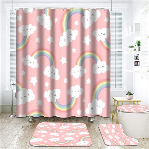 4pcs Shower Curtain Cloud Cartoon Pink Bathroom Set Accessories With