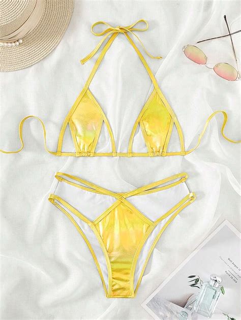 Metallic Cut Out Halter Triangle Bikini Set For Summer Beach Shein Usa