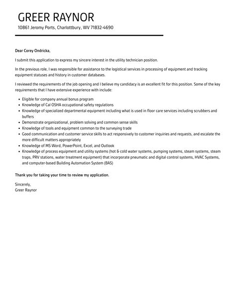 Utility Technician Cover Letter Velvet Jobs