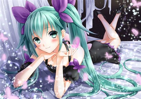 Aqua Eyes Aqua Hair Blush Bow Butterfly Dress Hatsune Miku Long Hair