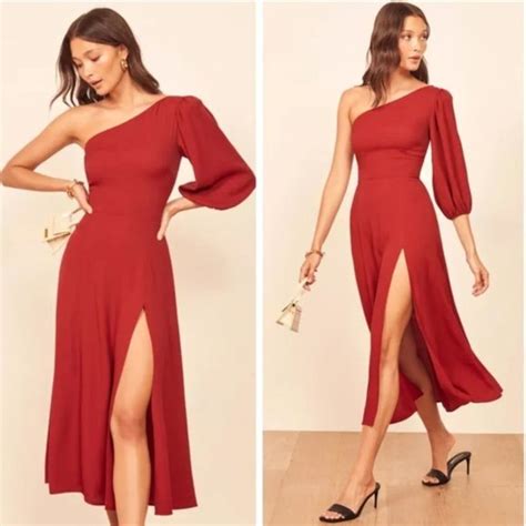 Reformation Dresses Nwt Reformation Lawrence One Shoulder Crimson Red Puff Sleeve Midi Dress