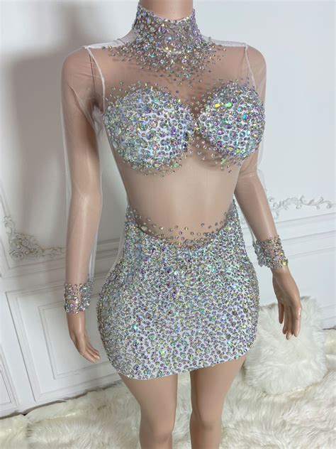 Silver See Through And Rhinestone Mini Dress Wolddress