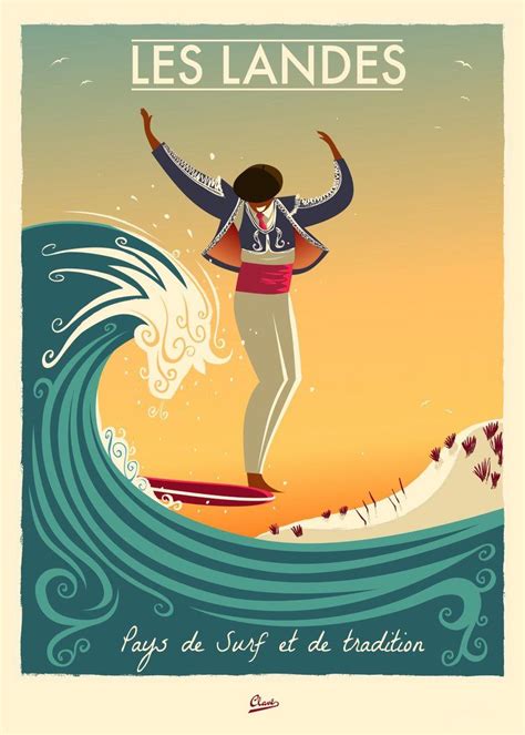 Les Landes France Vintage Surf Poster Art By Damien Clav Surf