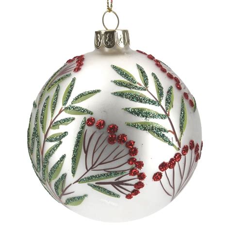 White Silver Glass Bauble With Green Leaf And Red Berries 8cm