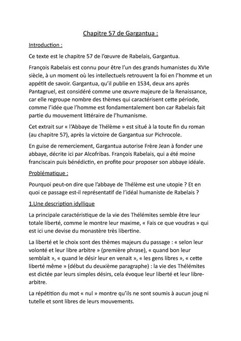 Analyse Lin Aire Du Chapitre De Gargantua Chapitre De Gargantua