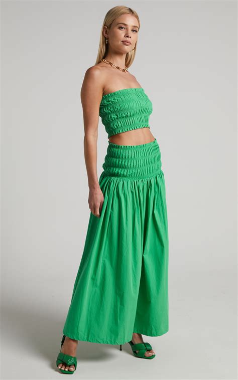 Haydie Two Piece Set Shirred Bandeau Crop Top And Maxi Skirt In Green