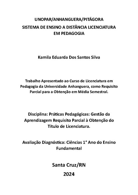 Unopar portfolio eduarda - UNOPAR/ANHANGUERA/PITÁGORA SISTEMA DE ENSINO A DISTÂNCIA LICENCIATURA