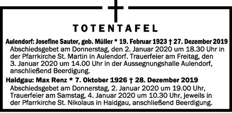 Traueranzeigen Von Totentafel Vom 31 12 2019 Schwaebische De Trauerportal