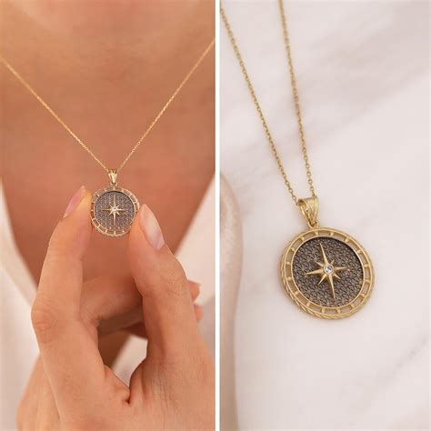 14k Gold Compass Necklace Travelers Jewelry Chic Design A Etsy