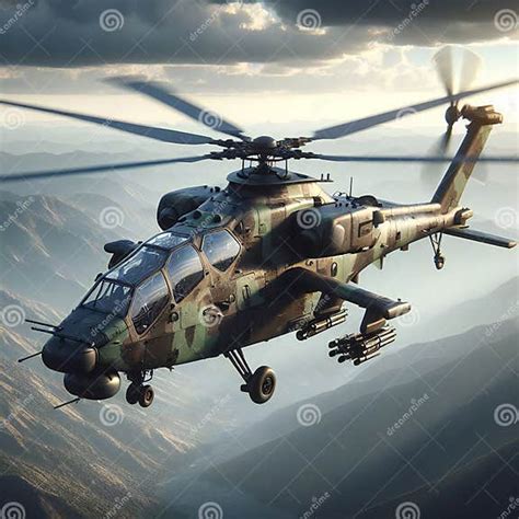 Army Military Helicopter Apache Fly Over Mountains And River Mist