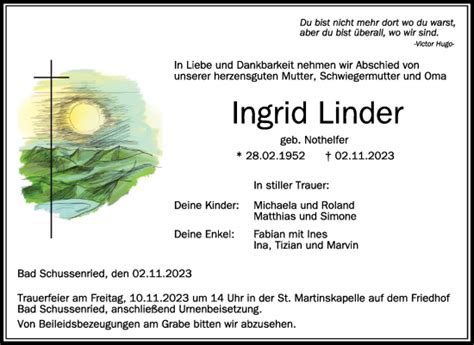 Traueranzeigen Von Ingrid Linder Schwaebische De Trauerportal