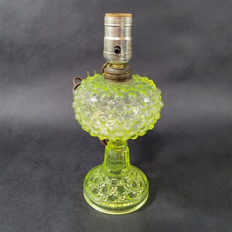 Antique Uranium Glass Lamp Electrified Oil Lamp Base Vaseline Glass Hobnail For Sale