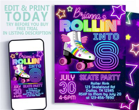 Editable Skate Party Invitation Birthday Party Instant Etsy In