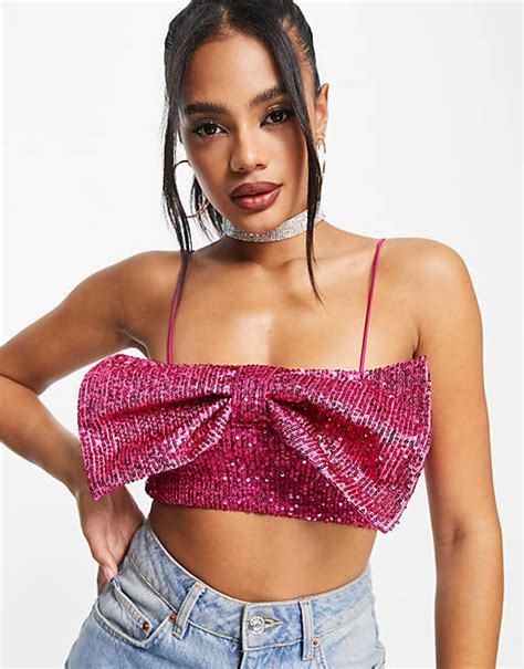 Asos Design Sequin Cami Top With Bow In Pink Asos