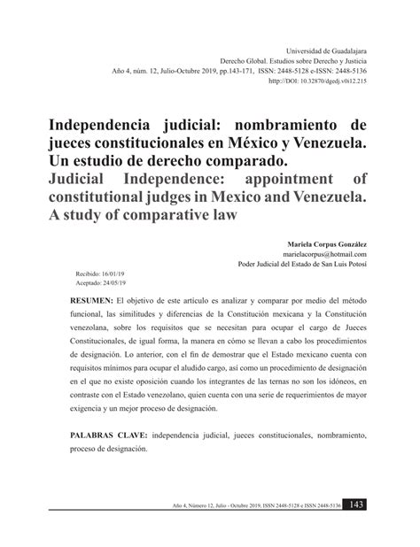 Pdf Independencia Judicial Nombramiento De Jueces Constitucionales En México Y Venezuela Un