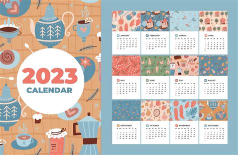 2023 calendar template set with 12 months pages and cover. Pieces of ...