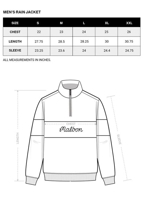 Men's Rain Jacket Size Chart – Malbon Golf