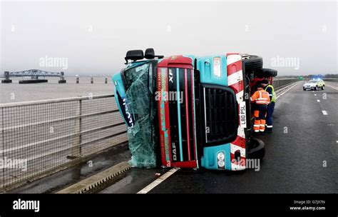 A Lorry Lies On Its Side After Being Blown Over In Strong Winds On The