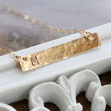 Gold Bar Necklace, Initial Necklace, Monogram, Small, Dainty, Hammered ...